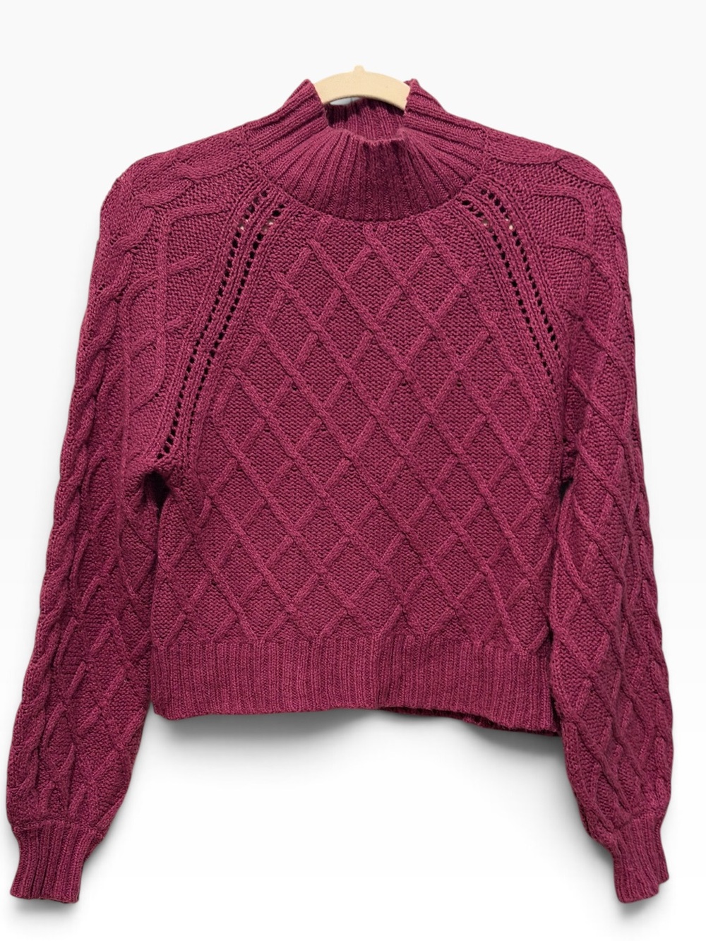 American Eagle Cable Knit Mock Neck Cropped Sweater - Berry Plum Size Small
